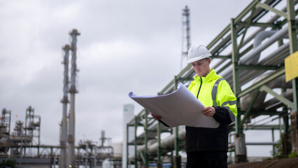 Engineers wearing safety gear, including hard hats examining survey a large blueprint tablet standing industrial facility gas or oil refinery engaged in a job requires high safety standards concept.