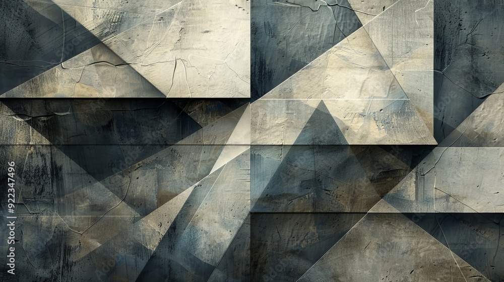 Poster Geometric overlapping shapes, creating a complex and layered visual effect in a muted color palette