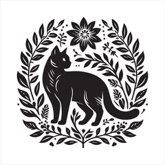 A cat and a plant in an illustrated frame  silhouette vector white background
