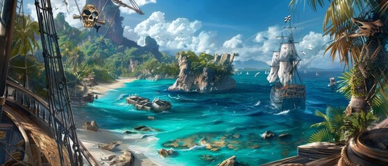 Obraz premium photo capturing a pirate ship's deck view of a tropical island with a hidden Corsair treasure