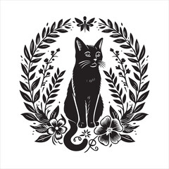 A cat and a plant in an illustrated frame  silhouette vector white background

