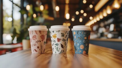 Realistic Coffee Cup Mockup with Custom Designs in Coffee Shop Setting