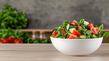 Fresh Vegetable Salad in White Bowl on Wooden Table with Blurred Greenery Background - Healthy Eating Concept with Tomatoes, Cucumbers, and Spinach