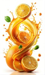 Creative Orange Fruit in Mid Air with Swirling Juice, Dynamic Splashing Action and Vibrant Liquid Motion for Fresh, Energetic Visuals for Poster and Digital Design