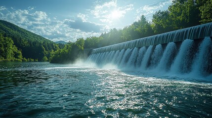 Fototapeta premium Stunning Waterfall in a Serene Forest Setting with Sunlight Breaking Through Clouds and Reflecting on the Water Surface