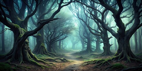 Naklejka premium Dark eerie forest with twisted trees, spooky, sinister, spooky, forest, nature, wilderness, gloomy, mysterious, woods