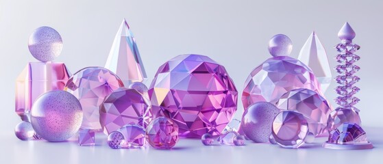 realistic 3D-rendered collection featuring purple pink gemstones with violet metallic elements
