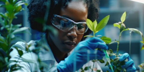 A professional research scientist in a lab, studying plant leaves under a high-powered microscope for plant biology research.