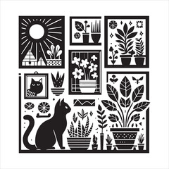 Naklejka premium Print A cat and a plant in an illustrated frame silhouette vector with white background