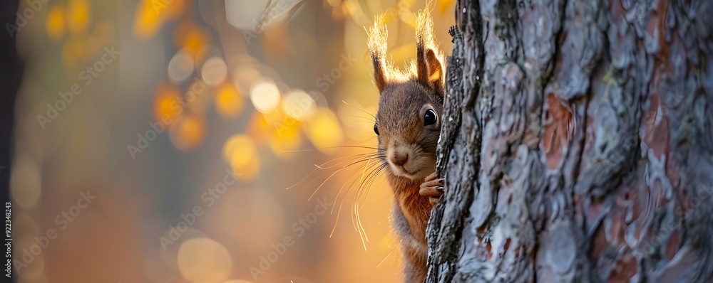 Poster red squirrel peeking out from behind a tree trunk in autumn