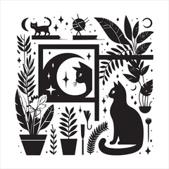 Print A cat and a plant in an illustrated frame  silhouette vector with white background