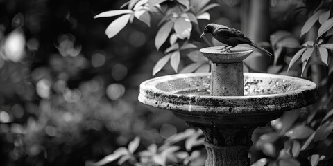 Bird perched on a fountain spout.