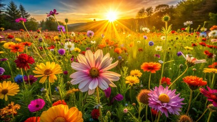Fototapeta premium Vibrant blooming flowers in a lush meadow, arranged in a golden ratio composition, bask in warm natural light, captured in stunning high dynamic range from above.