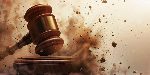 A judge's gavel comes crashing down on a defense attorney's argument, obliterating their case in a cloud of dust.