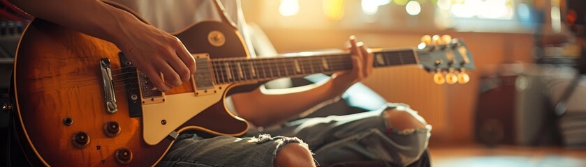 Minimalist teenager playing guitar, single pick, clean background