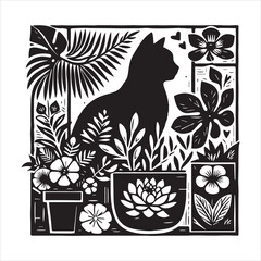 Print A cat and a plant in an illustrated frame  silhouette vector with white background