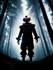 Fototapeta premium A creepy evil clown wandering in the woods at night