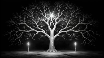 Mystical tree with glowing branches against a dark starry sky.