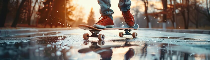 Minimalist teenager riding a skateboard, single skateboard, clean background