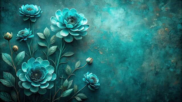 Subtly textured teal painted flowers on a dark moody backdrop, teal, painted, flowers, textured, dark, moody, backdrop