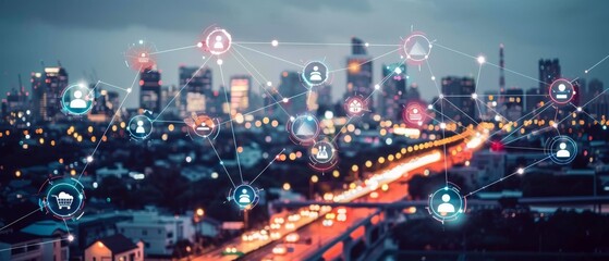 Smart city with interconnected icons floating above, showcasing advanced communication and medical