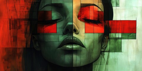 Abstract Portrait of a Woman with Closed Eyes and Red and Green Geometric Shapes