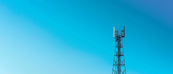 Telecommunication tower with 5G cellular network antenna against a clear blue sky, showcasing