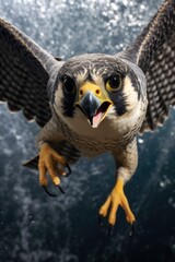 Majestic bird of prey, the falcon soars with wings spread wide, showcasing its keen gaze and powerful flight.