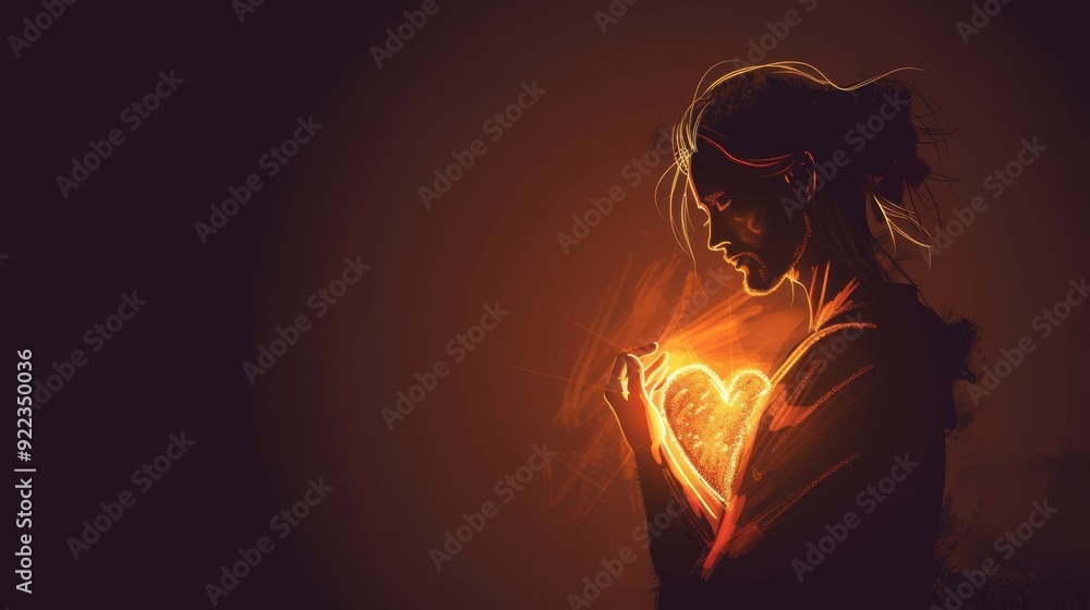 Wall mural Jesus with Heart Made of Light Glowing Against Dark Background Love and Warmth Biblical Illustration Beige Background copyspace