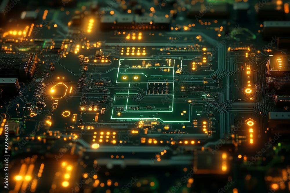 Poster close-up view of a glowing circuit board with illuminated components and intricate pathways in a dar