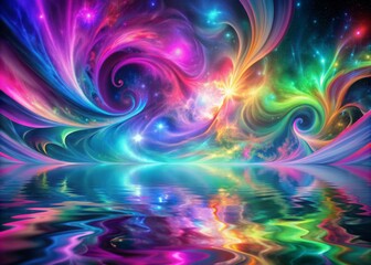 Vibrant swirling clouds of pink, purple, blue, and green hues blend in a mesmerizing dance across a psychedelic liquid background of shimmering curves and angles.