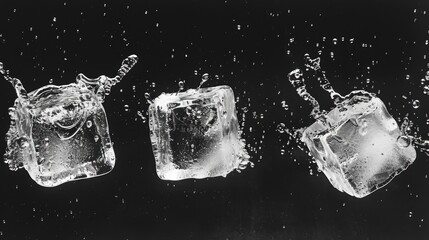 This image captures the dynamic and chilling effect of ice cubes falling into water.