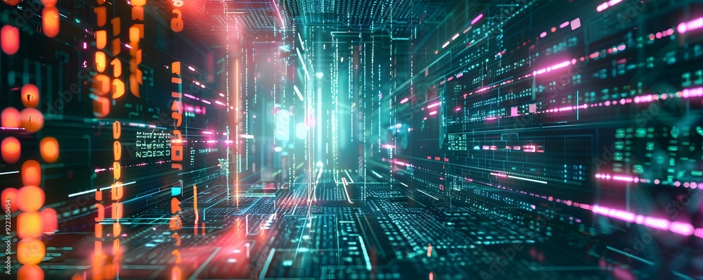 Poster abstract digital network with neon lights and code