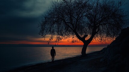 Fototapeta premium Solitary Sunset Contemplation. Generative AI