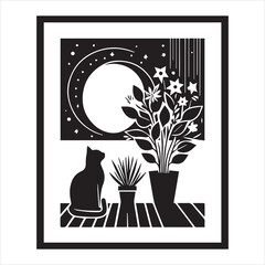 Print A cat and a plant in an illustrated frame  silhouette vector with white background