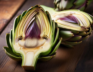 Obraz premium Fresh ripe and halved artichokes on wooden background. Healthy vegetarian food concept.