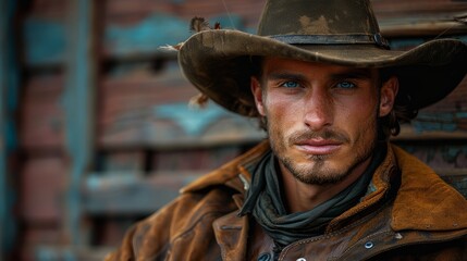 Obraz premium Cowboy portrait with blue eyes wearing a weathered hat and jacket in a rustic setting