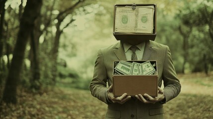 A person in a suit with a hidden face, holding a briefcase full of money