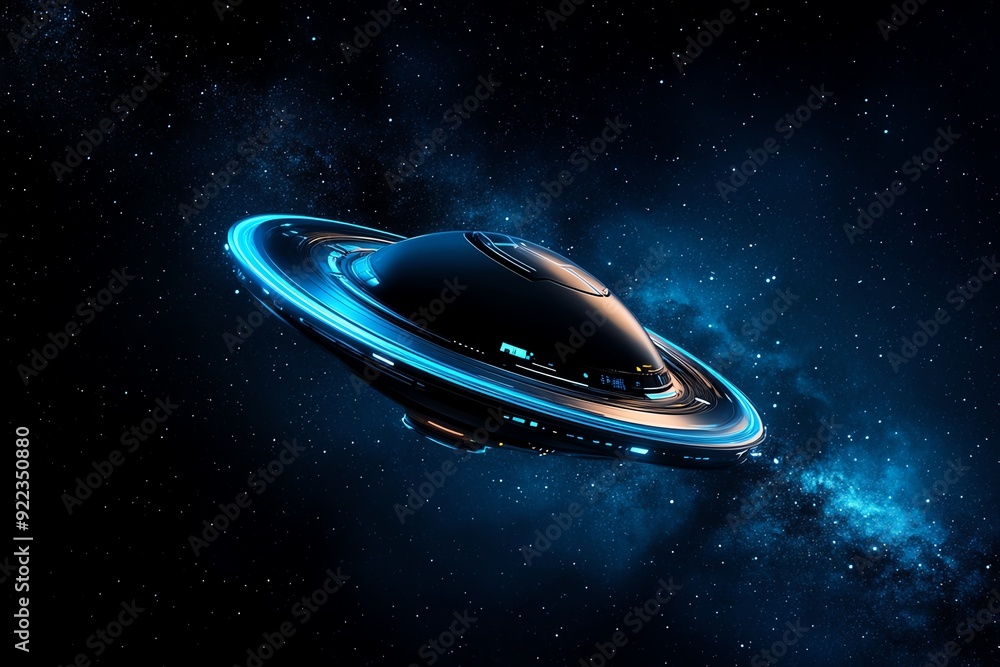Aufkleber futuristic spaceship floating in deep space, surrounded by a blue cosmic glow, depicting advanced ex