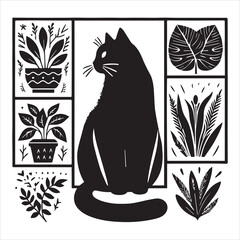 A cat and a plant in an illustrated frame  silhouette vector with white background