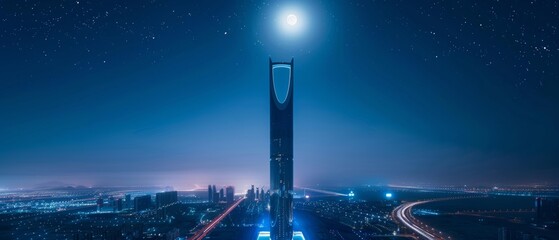 Stunning view Kingdom Tower in Riyadh, illuminated under a moonlit sky, showcasing its grandeur
