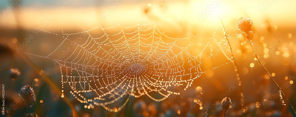 Canvas Prints dew drops on spider web at sunset - nature photography