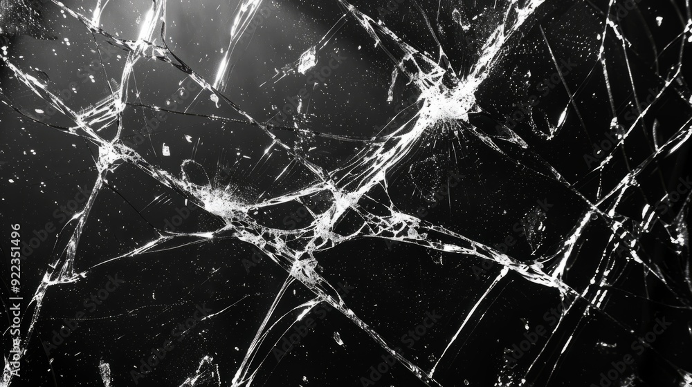 Poster cracked glass close-up with intricate patterns illuminated by soft light