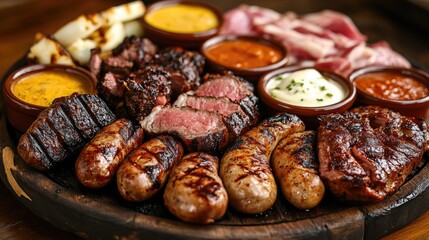 Obraz premium A platter of assorted grilled meats, including sausages, steak, and chicken, served with dipping sauces.