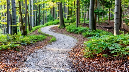 Sunlit forest trail with autumn leaves, peaceful woodland walking path, calm and tranquility