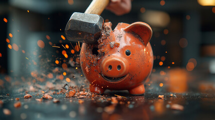 Hand Wields Hammer to Break Piggy Bank, Symbolizing Financial Crisis or Emergency Funds in Modern Office Setting, Emphasizing the Importance of Savings and Financial Planning.