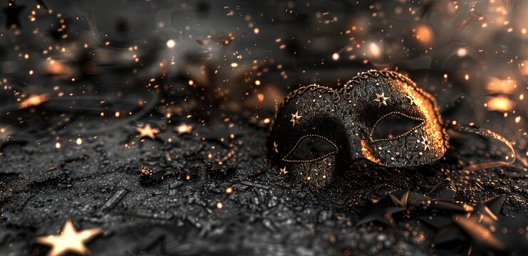 A black masquerade mask with gold accents and stars on a dark background with sparkling lights.