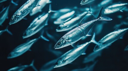 A school of silvery fish darting through the ocean, reflecting light as they move in unison.