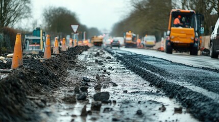 A section of highway under repair with visible resurfacing and traffic management signs.