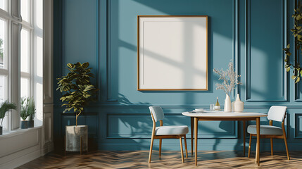 A minimalistic dining room with a teal blue wall, wood floors, a large framed artwork and a wooden table with two chairs.